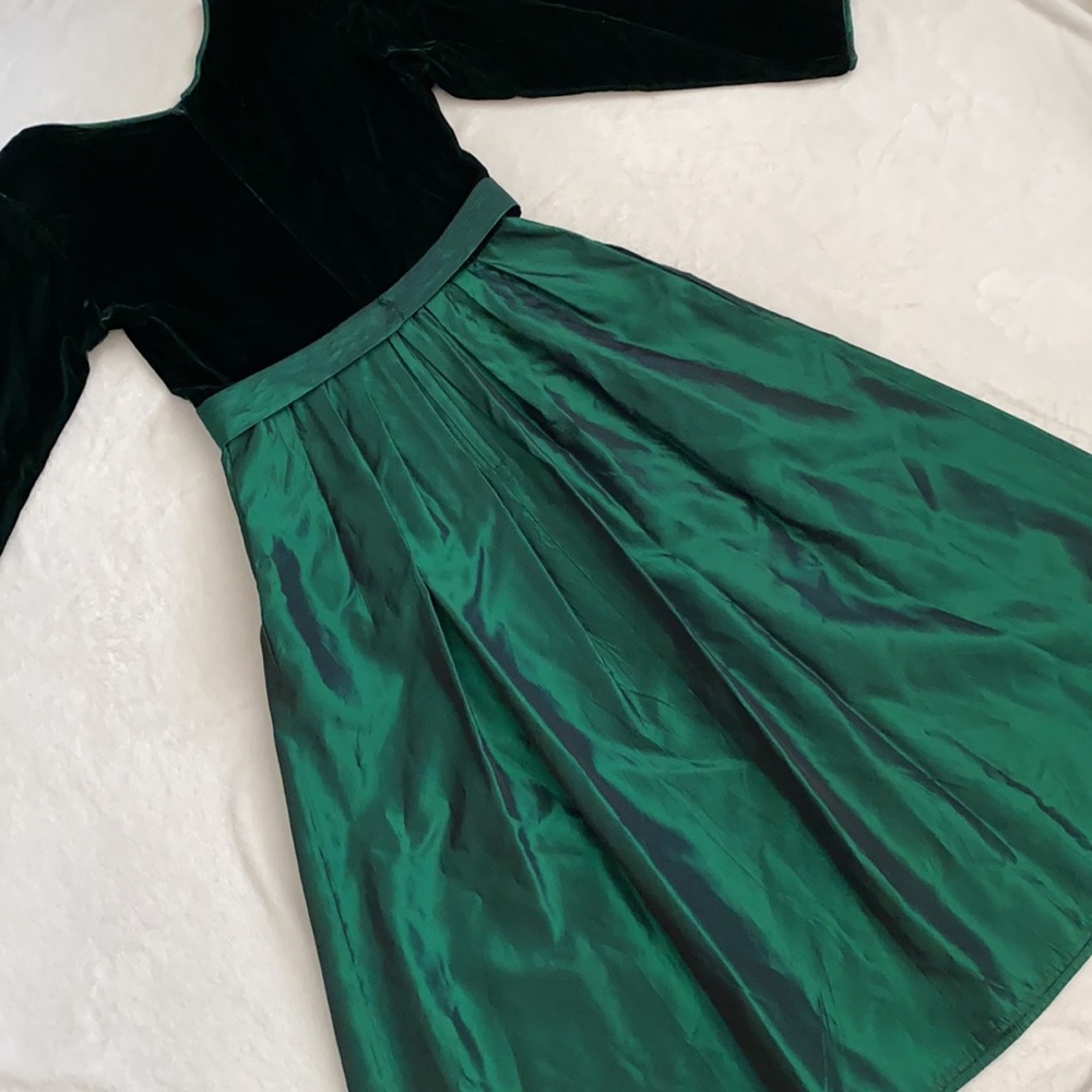{VTG} Lanz Originals | Velvet Satin Bow Belt Long Sleeve Midi Dress Emerald (8) - Picture 8 of 16